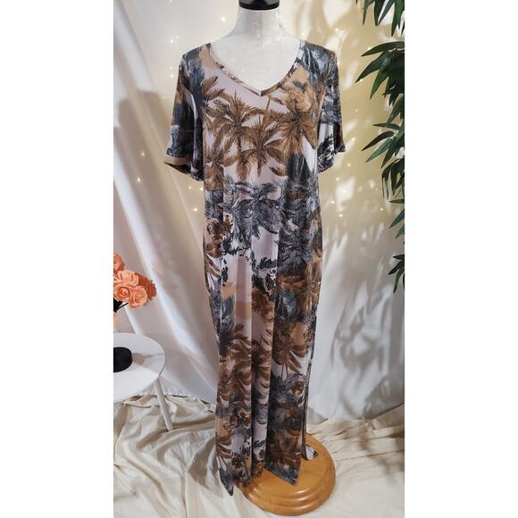 Colleen Lopez EveryWear Tropical Palm Tree V-Neck Maxi Dress Sz M Pocket Island - Picture 1 of 12